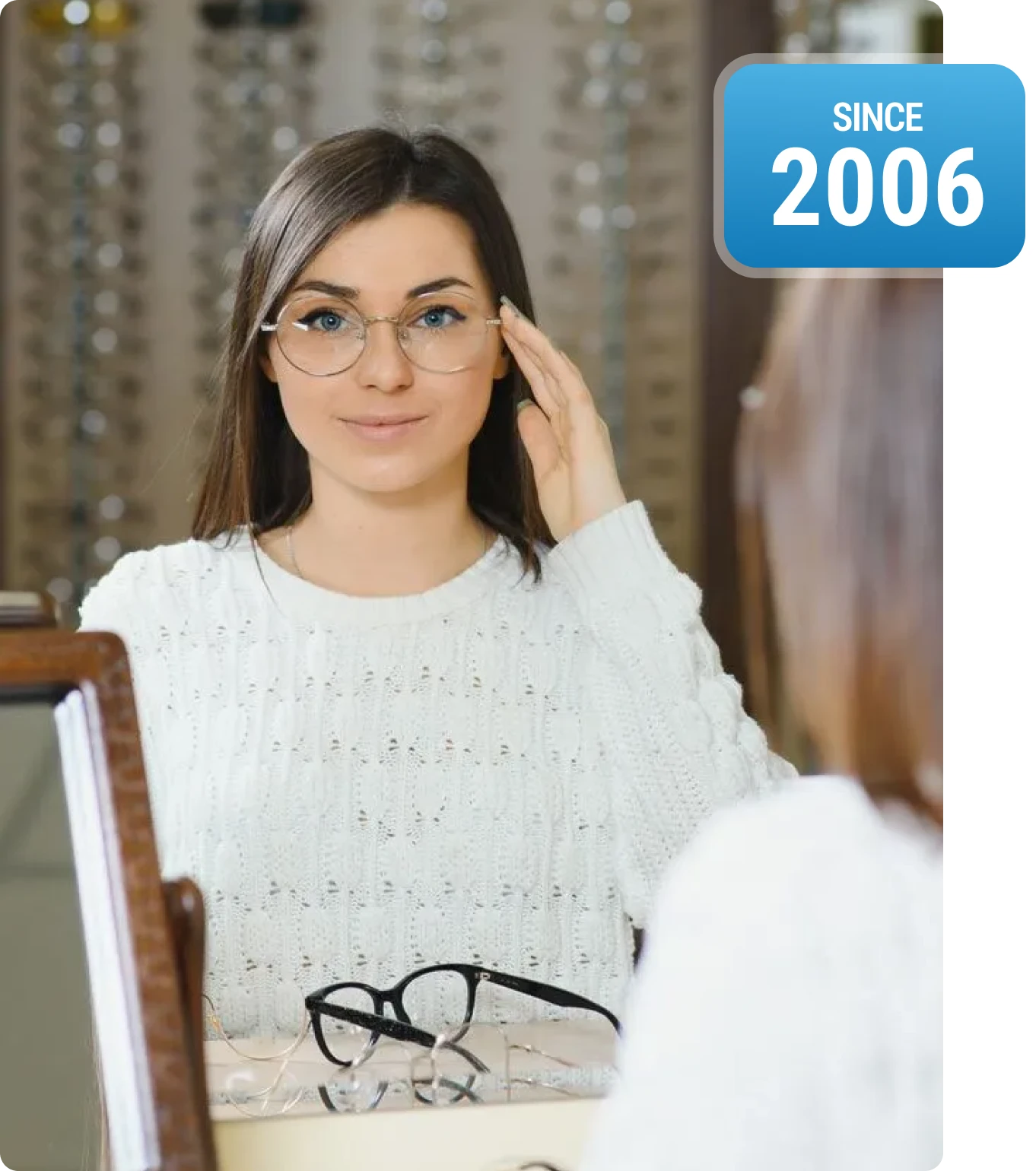 Optical store customer selecting eyewear