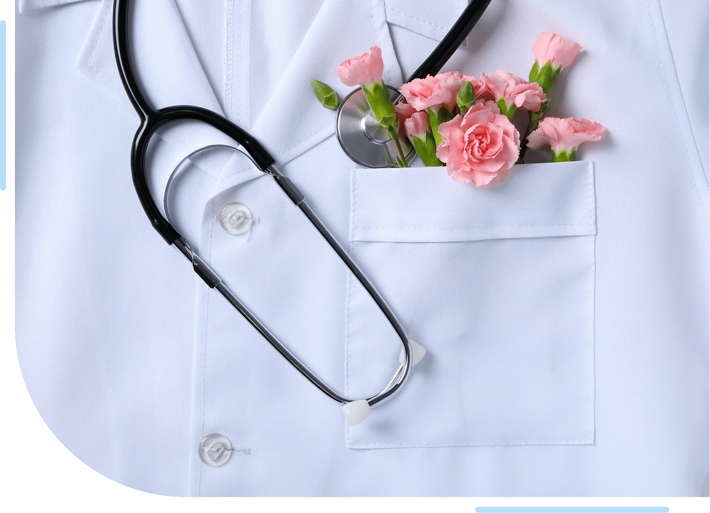 Stethoscope and pink flowers in white coat.